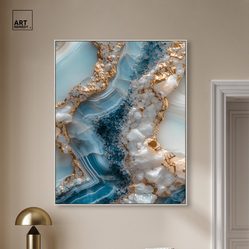«Lapis River», toile sarcelle, art abstrait par Art Remedy, H 21 po x l 17 po, Cadre flottant, Argent argent