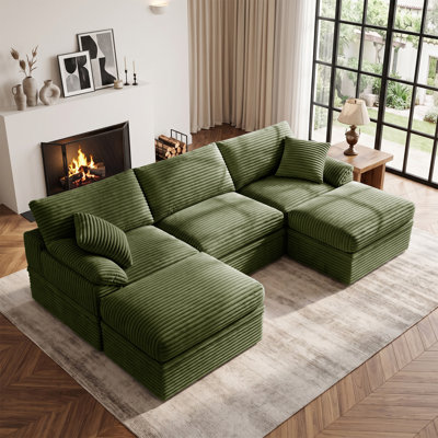 Canapé modulaire en U en forme de nuage, canapé d'angle rembourré en velours côtelé avec rangement caché et 2 repose-pieds, canapé à assise profonde minimaliste moderne pour le salon, assemblage facile sans outil