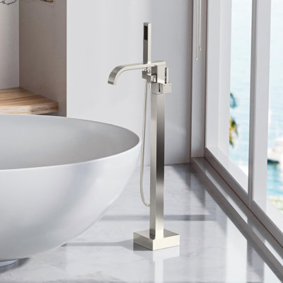 34" Floor Mount Freestanding Bathtub Faucet With Handheld Shower, Brushed Nickel, 304 Stainless Steel, CUPC Certified Ceramic Valve, Waterfall Spout, 2-In-1 Dual Function