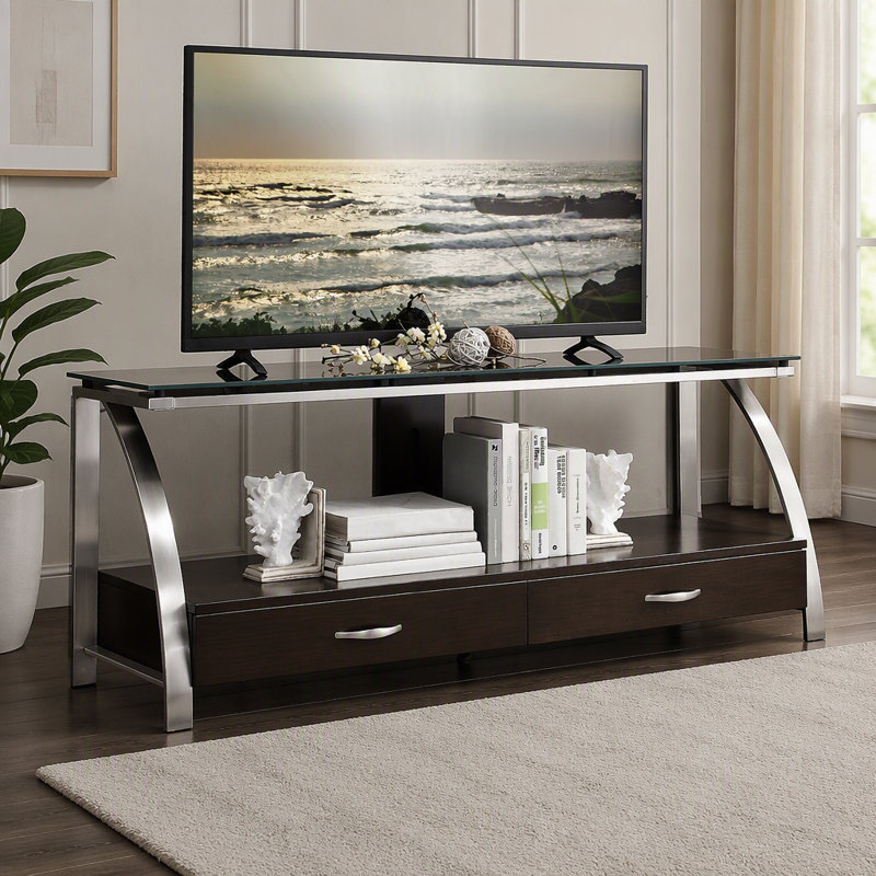 Meuble télé de conception moderne avec plateau en verre et structure en acier inoxydable, idéal pour les salons contemporains et les espaces de divertissement