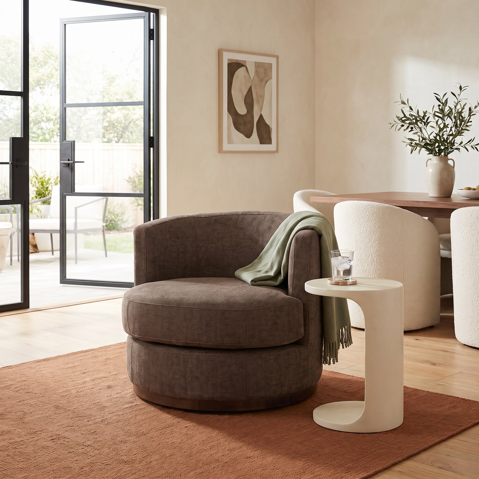 Arabella Swivel Barrel Chair, Espresso Performance Chenille