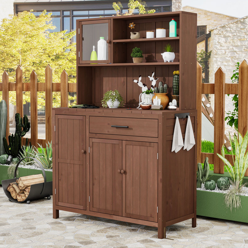 Banc de rempotage en bois de sapin avec poste de travail spacieux, tablettes réglables, support à épices et crochet latéral