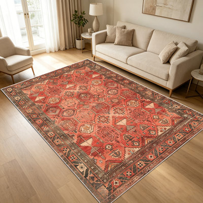 Tapis de sol persan géométrique en terre cuite 1pc pour le salon, doux et confortable, adapté à toutes les saisons, facile à entretenir, lavable à la machine, tapis de table sous la table convenant à la salle à manger, la chambre à coucher, le bu