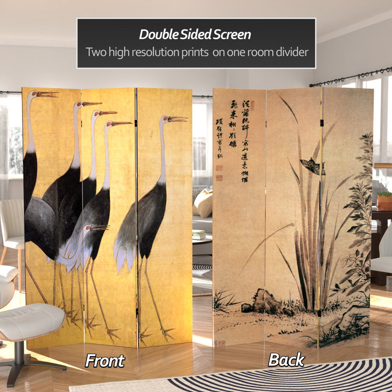 East Asian Art Canvas Folding Room Divider, Cranes