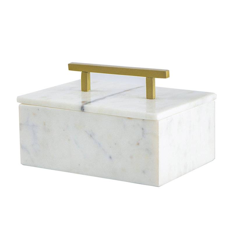 Boîte de rangement décorative, poignée en laiton doré, marbre blanc luxueux de 7 pouces