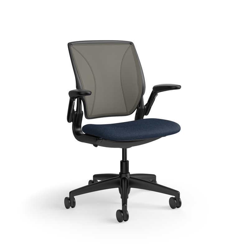 World LM, Ergonomic Task Chair with Poppy Seed Backrest, and  Autumn Upholstered Seat, Black, Slate Blue Fabric, Gray Mesh