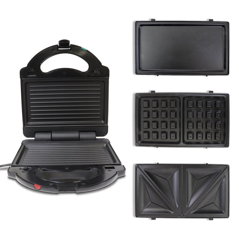Presse à panini électrique 4 en 1, gril d'intérieur, gaufrier et machine à sandwich avec grille antiadhésive interchangeable, plaque chauffante, gaufres et assiettes à sandwich Total Noir