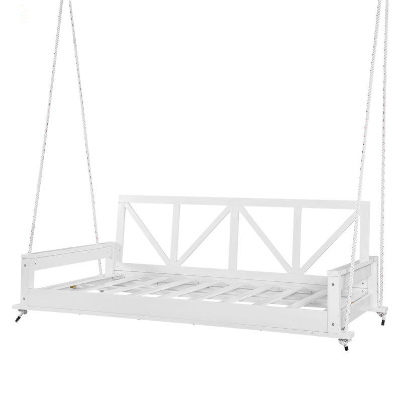 Cadre de lit suspendu en bois d'acacia avec lit simple et balancelle moderne en bois d'acacia TopMAX avec cordes en chanvre de 16,4 pi pour le jardin, la cour, blanc