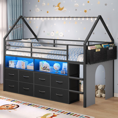Lit mezzanine simple avec 8 tiroirs de rangement, lit mezzanine en métal en forme de maison avec lumières à DEL et bibliothèque, lit mezzanine bas avec échelle et garde-corps de 13,4 po, espace amusant sous le lit