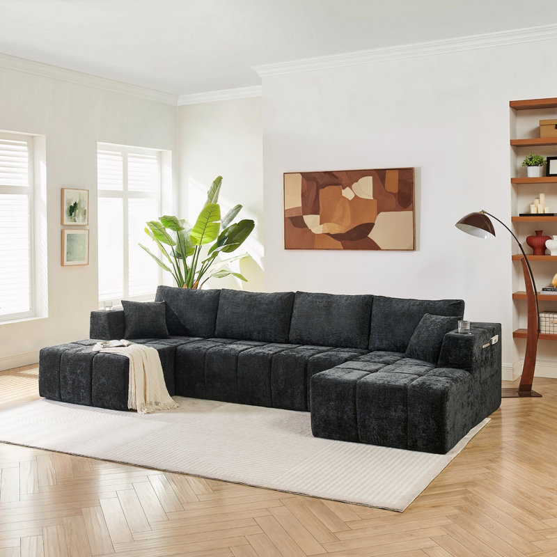 Canapé modulaire 132 po en forme de U en chenille avec porte-gobelets, poches latérales et sans assemblage, Black Chenille