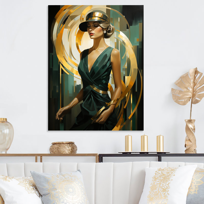 Émeraude élégance de femme dans un superbe vert et or III - mode, art en métal, H 40 po x l 30 po