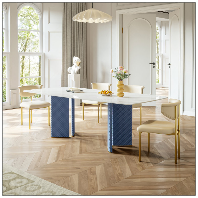 Table de salle à manger en acier inoxydable avec plaque de roche et cuir tissé - supporte jusqu'à 94,5 kg (excluant les chaises)