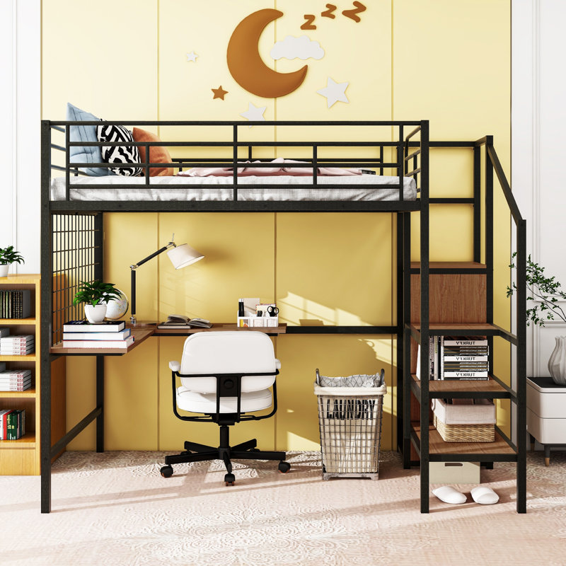 Full Size Metal Loft Bed with L-Shape Desk, Ladder Shelves & Wardrobe – Space-Saving Stylish Bedroom Furniture, , Black