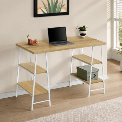 Computer Desk, Home Office, Laptop, Storage Shelves, 48"l, Work, Natural Laminate, White Metal, Contemporary, Modern
