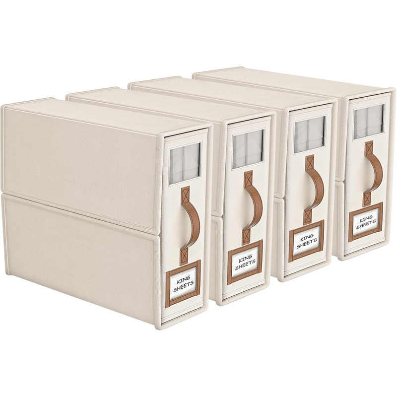 Ensemble de 4 organisateurs de rangement de draps pliables - Boîtes en lin avec fenêtre, literie et rangement pour oreiller