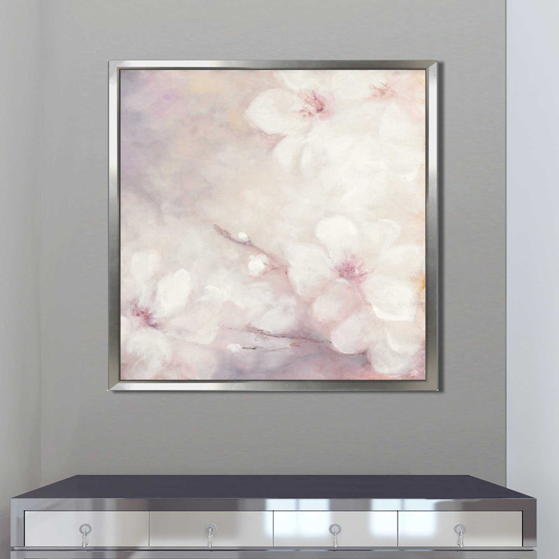 «Cherry Blossoms II», reproduction de peinture acrylique sur toile, H 31,5 po x l 31,5 po x P 2 po, Cadre flottant argent