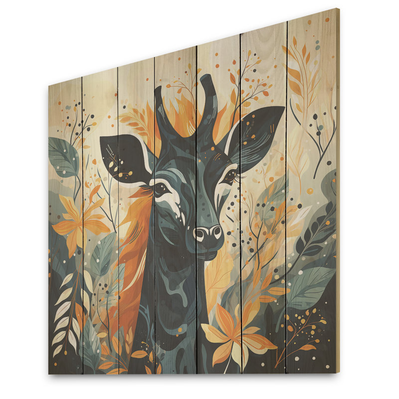 Girafe créative jaune et bleue - impression de girafe sur bois, H 30 po x l 30 po