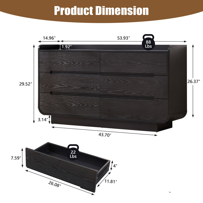 Commode double 6 tiroirs l 53,93 ", Noir