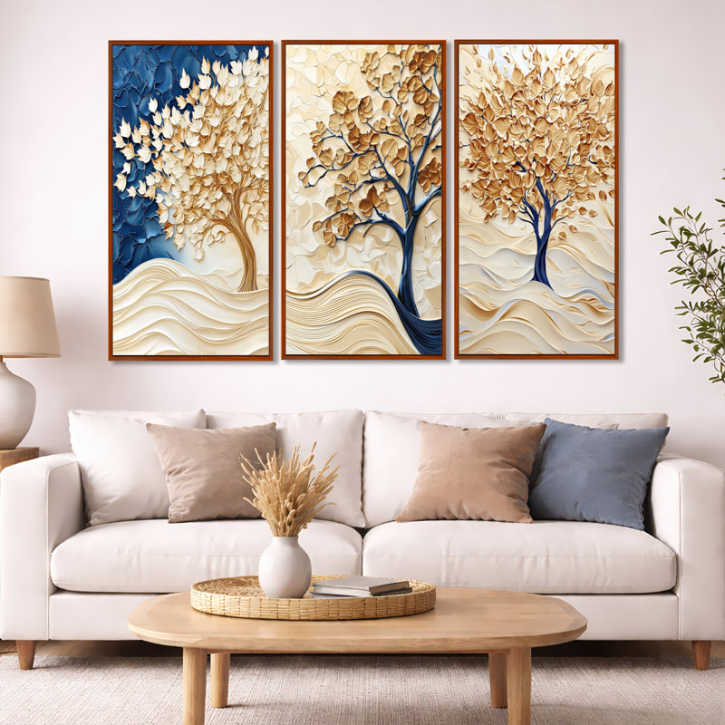 «Gold Winter Maple Tree Essence», art mural encadré 3 pièces, H 32 po x l 48 po, Cadre flottant brun