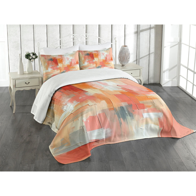 Queen Size Coral Orange and Ecru Quilted Bedspread Set