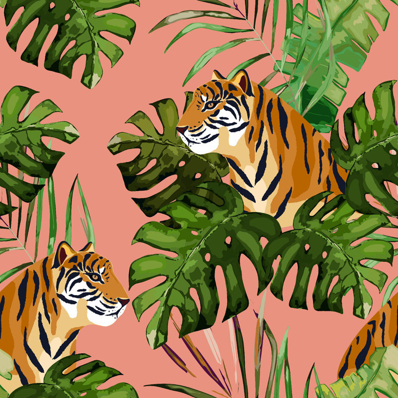 Tigre et feuilles de palmier, L 12 po x H 12 po