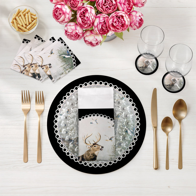 English Stag Vegan Leather Round Pebble Placemat, Black