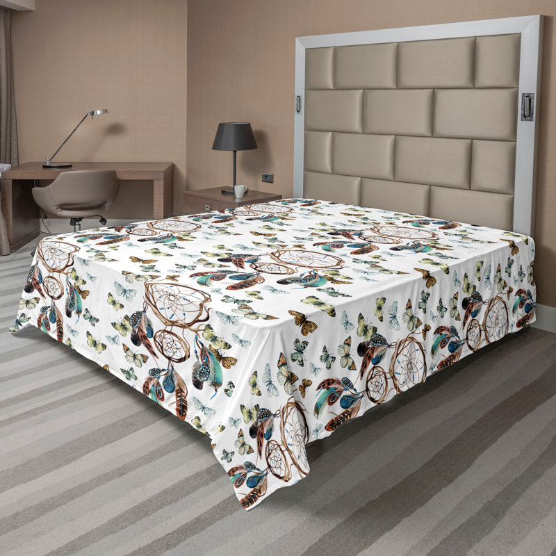 Drap plat Ambesonne Dreamcatcher plumes papillons brun blanc et vert pastel, Drap plat pour très grand lit californien