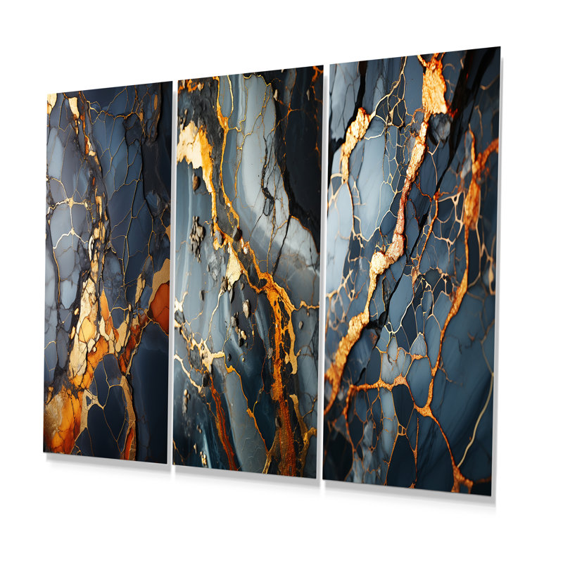 Grey And Gold Abstract Marble Granite I - Abstract Metal Wall Decor Set Of 3, 28" H x 36" W
