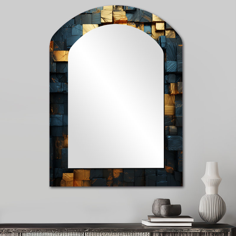 Grunge Gold Cubes Abstract Geometric V - Tile Asymmetrical Mirror, Gold Arch Unique Wall Mirror, Printed Metal Art, 34" x 25"