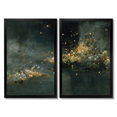 «Curious Fireflies At Night - Fireflies», impression sur toile jaune nature, 2 pièces