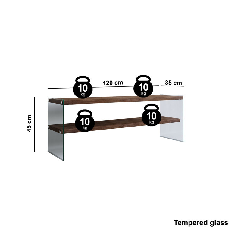 Modern TV Stand with Multiple Shelves, Walnut Finish, 47.2 x 17.7 x 13.8 inches | 100% Solid Pine Wood & 8 mm Tempered Glass | Max Weight Capacity: 44 lbs per Shelf | Wall-Mountable Design for Stylish Space-Saving