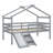 Twin Low Loft House Bed with Slide, Ladder, Safety Guardrails, House Roof Frame,Grey-1796735334