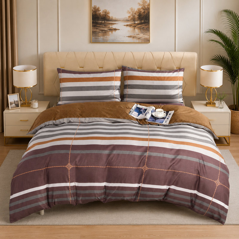 Complete Bedding Set Bliss Brown Stripe Duvet Cover, Matching Fitted Sheet & Pillowcases