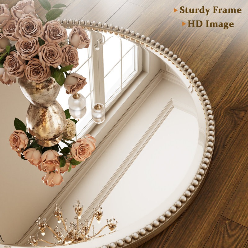 Beaded Round Wall Mirror Decorative Vanity Bathroom Mirror With Resin Frame, 28" H x 28" W, Silver
