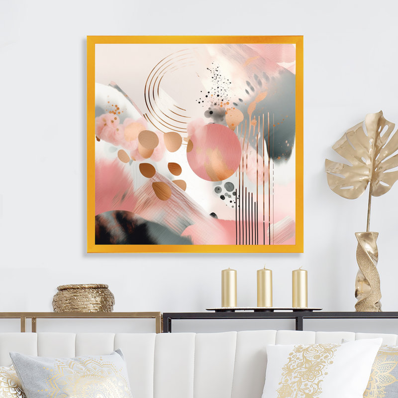 «Pink Rosegold Stripes Complexity I - Modern Shapes», impressions sur toile transitionnelles, Encadrement doré
