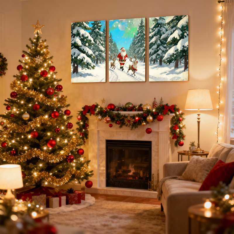 Père Noël de Noël marchant avec un renne dans la forêt enneigée, ensemble de 3 impressions sur toile, H 30 po x l 60 po