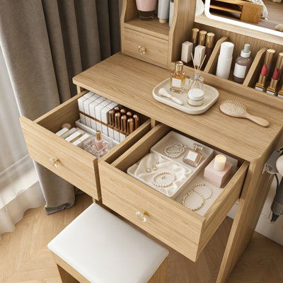 Modern Small Vanity Desk with 3-Color LED Lighting, 3 Drawers & Multiple Open Shelves, Hair Dryer Holder & Power Socket, with Dressing Chair