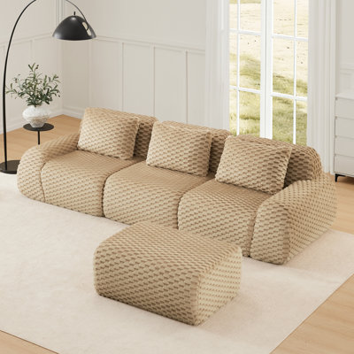 114" Modern L-Shaped Modular Sectional Sofa for Living Room,Flannelette Fabric,Oversized 3-Seater Couch,boneless sofa ,Movable Ottoman,Buckle connection,Anti-slip Design,No Assembly