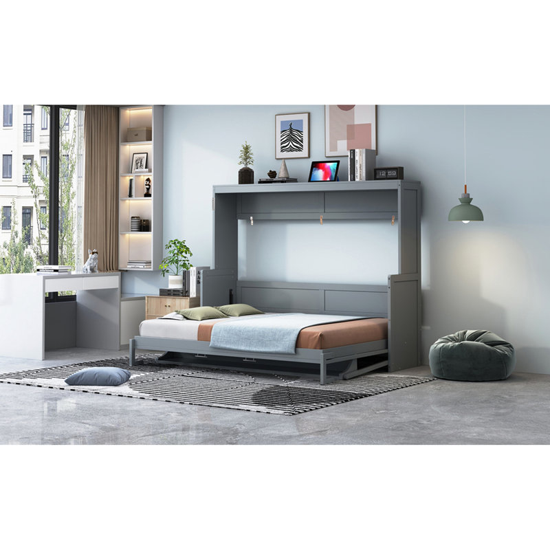 Lit escamotable gris double / grand avec conception compacte et charnières hydrauliques, cadre, lit de rangement pour matelas intégré, mécanisme de pliage innovant, pour appartements, confortable,