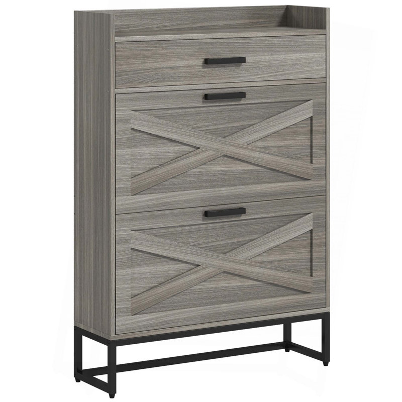 Narrow Shoe Cabinet, Industrial Shoe Storage Cabinet With 2 Flip Drawers,Adjustable Shelves, And Top Drawer,Entryway Hidden Shoe Storage For 12 Pairs Of Shoes
