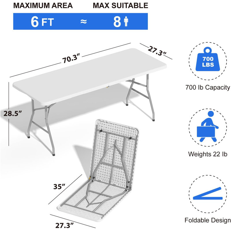 6ft Heavy Duty Folding Table, Portable Indoor & Outdoor For Home, Office & Events, White
