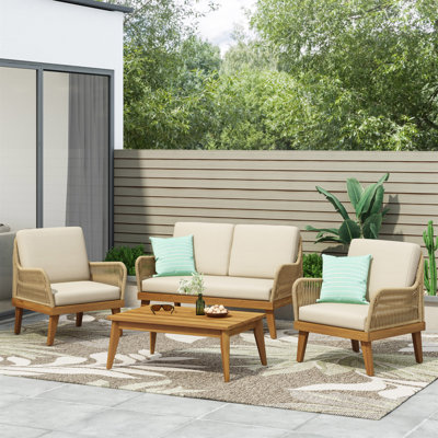Ensemble de conversation d'extérieur en bois d'acacia 4 pièces avec corde, 1 causeuse et 2 fauteuils club, canapé de conversation en bois d'acacia et 1 table avec coussins résistants à l'eau, finition teck pour l'extérieur