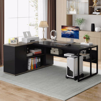 71-Inch L-Shaped Executive Office Desk with Cabinet Storage and Shelves - Gray & Black