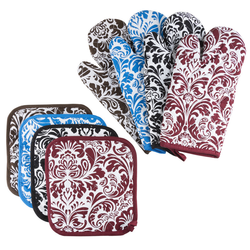 Blue and White Cotton Quilted Oven Mitt and Pot Holder Set