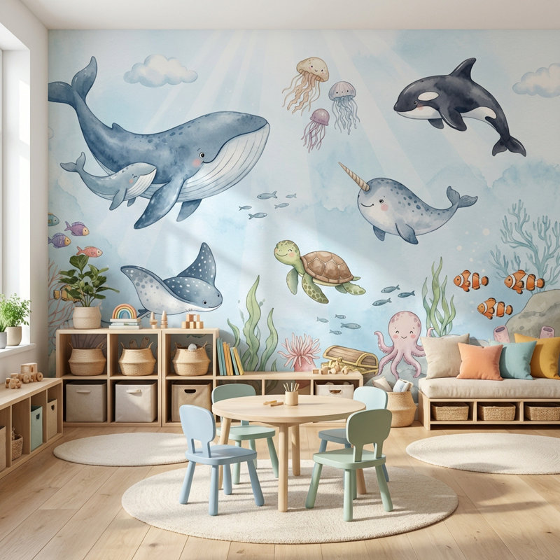 Décoration murale fantaisiste sous-marine marine, 120 po x 96 po, Peler et coller