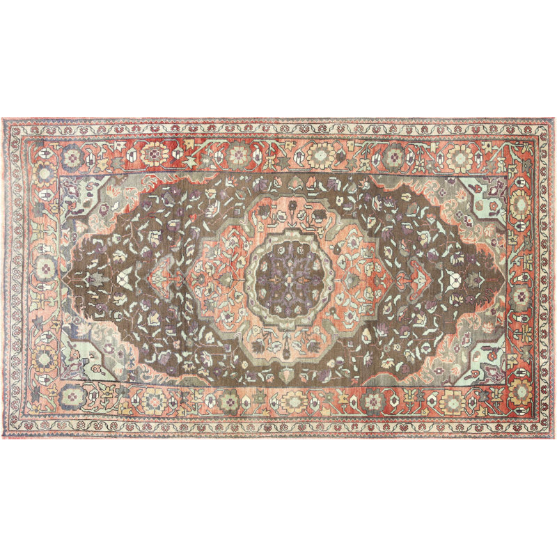 Tapis unique en laine noué à la main des années 1960 de 5 pi 4 po x 9 pi 4 po en rouge / brun