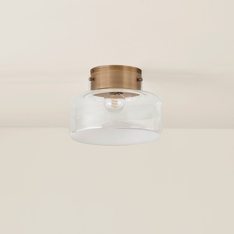 Patina Brass and Clear Glass Indoor/Outdoor Drum Flush Mount Light
