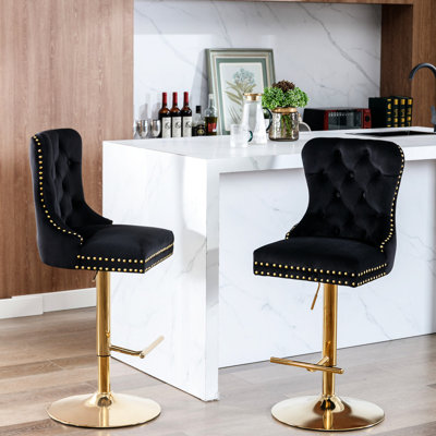 Adjustable Seat Height Black Velvet Bar Stools - For Home And Pub ( Of 2 Thick Golden Swivel Comfortable Kitchen Use (black,