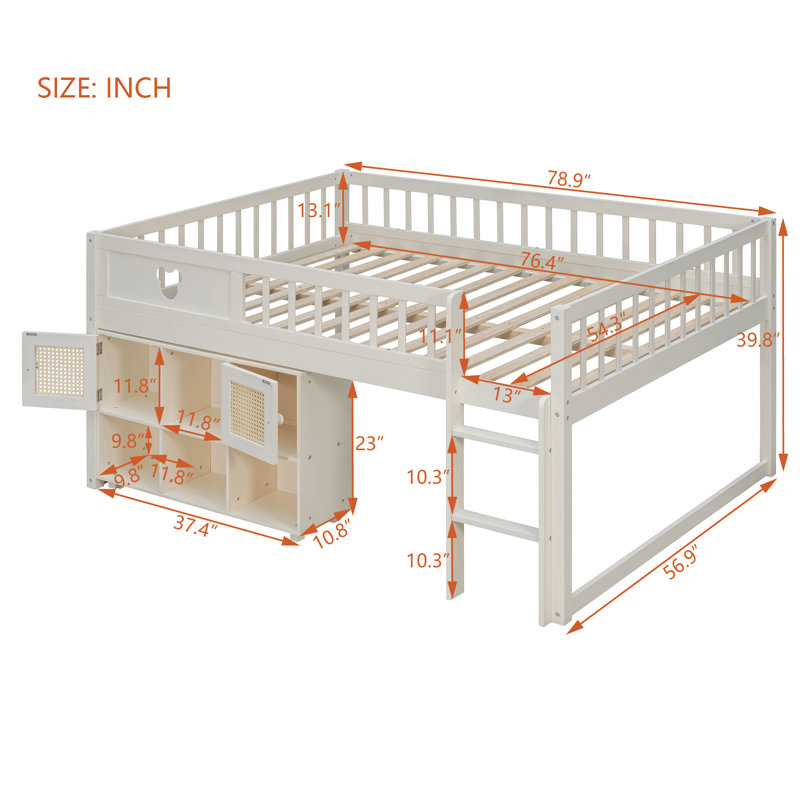 Lit mezzanine bas pour enfant (taille standard), cadre en bois avec étagère de rangement et armoire à portes en rotin, décoration ours mignon, design discret, meuble de chambre gain de place - blanc