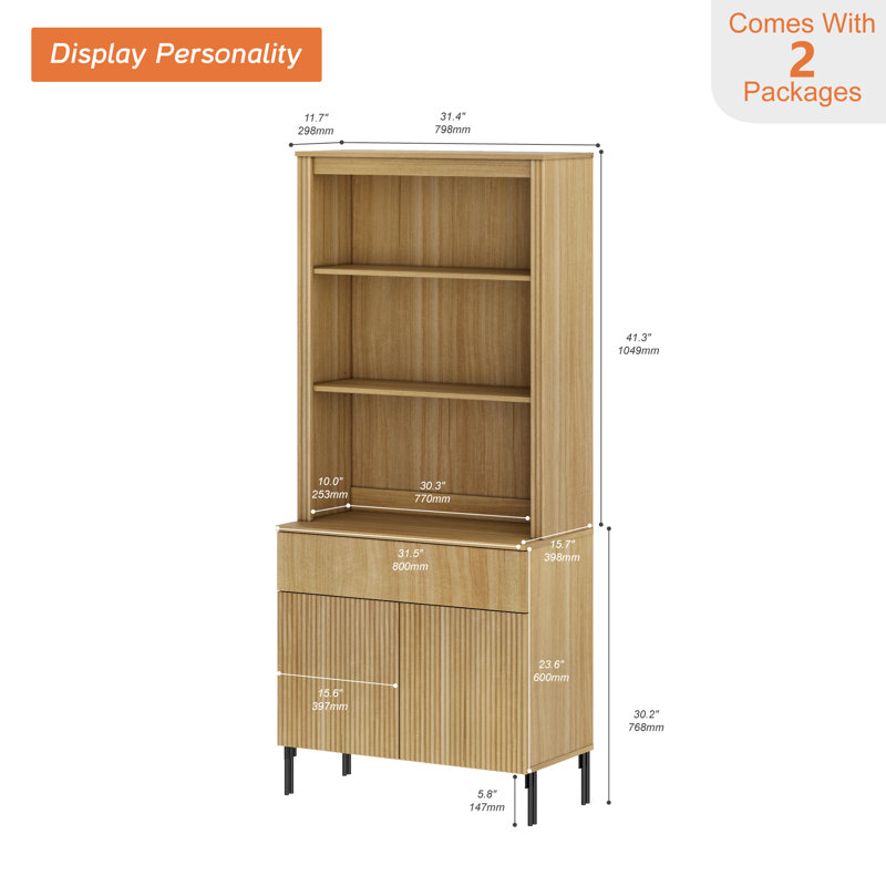 Garde-manger cannelé de 71,6 po de hauteur avec tiroir, armoire de présentation en bois avec portes et tablettes réglables, armoire moderne et polyvalente pour la salle à manger, la chambre à coucher